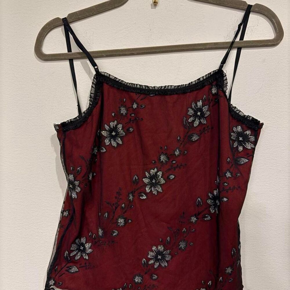 Vintage Y2K sparkly lace Women's Burgundy and Red tank
